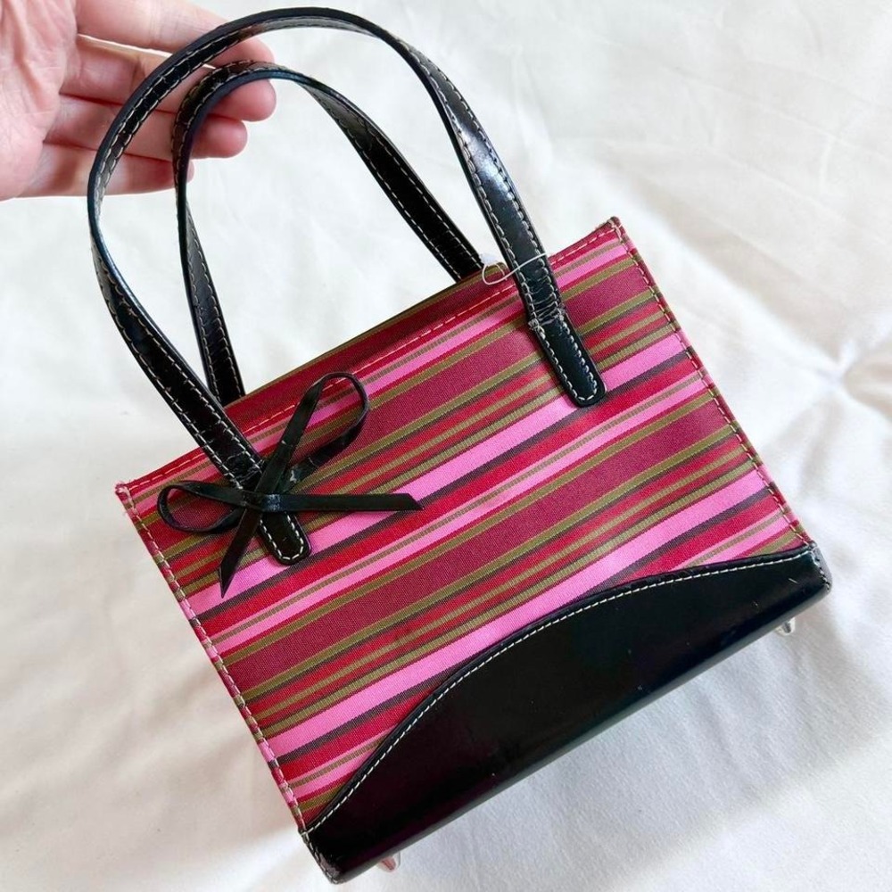 Striped mini purse  pink and green striped canvas‎ mini tote